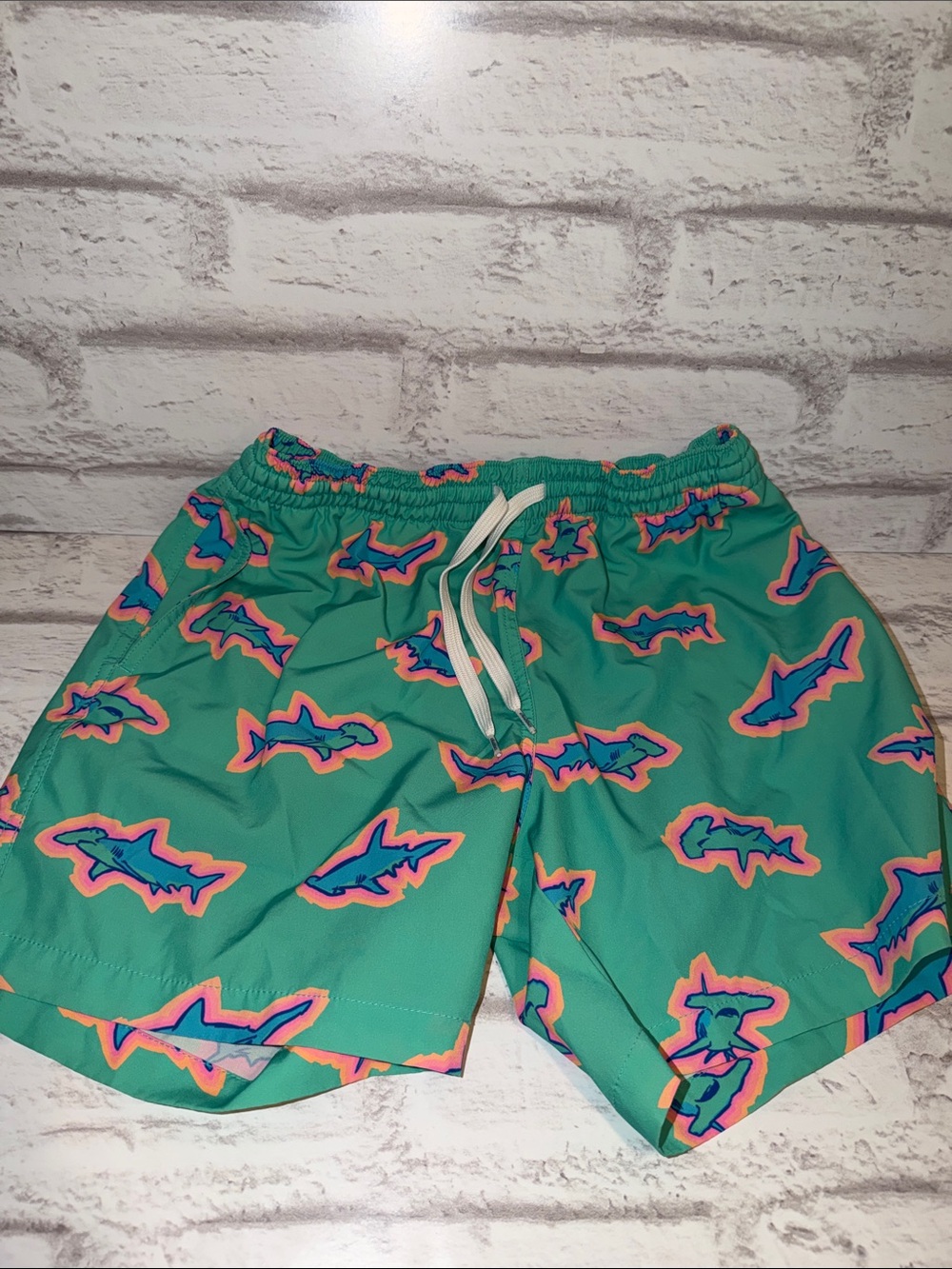 CHUBBIES Men's Swim Trunks Hammerhead Shark Teal Pink Size Small 5.5" Inseam